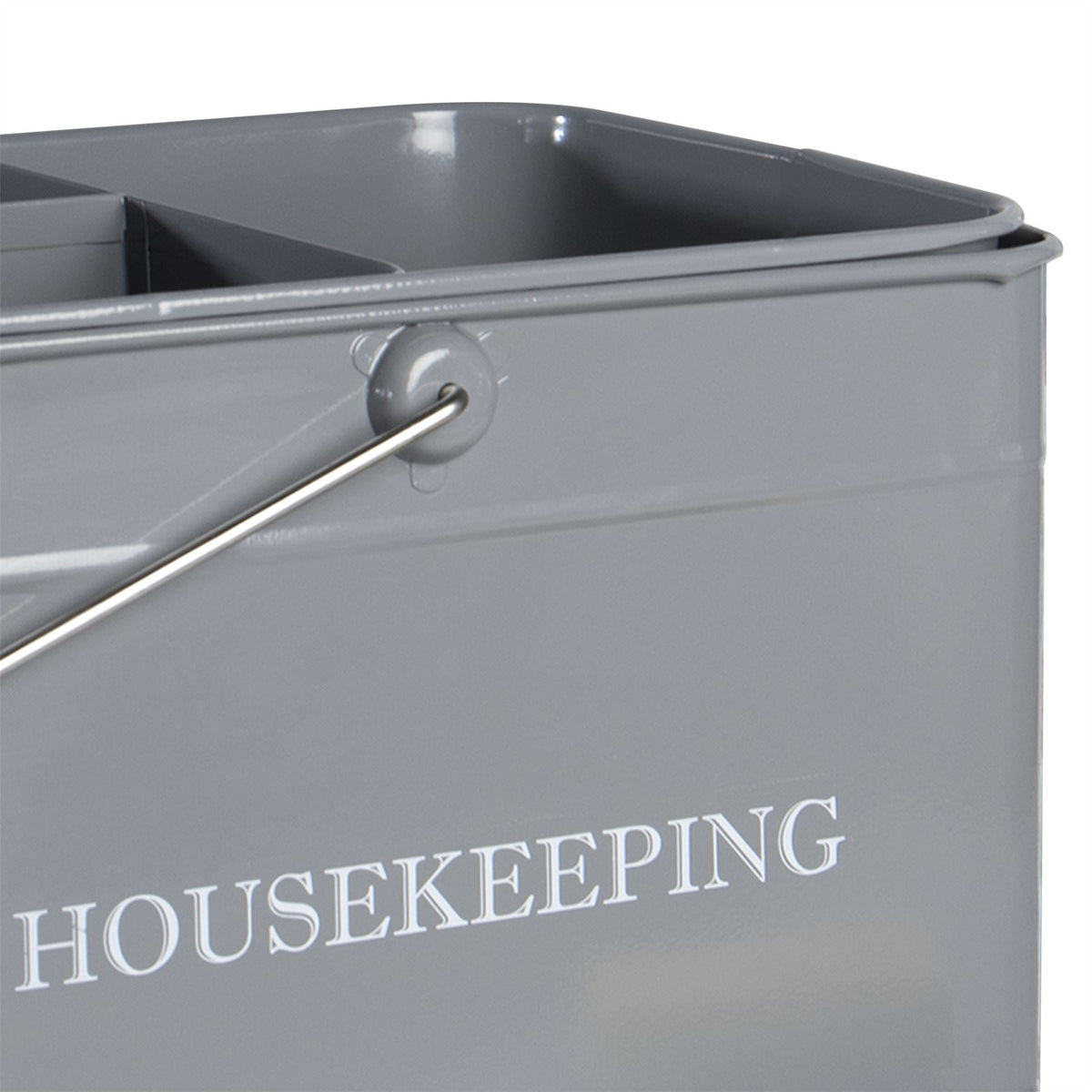 Vintage cleaning caddy grey filled with cleaning supplies